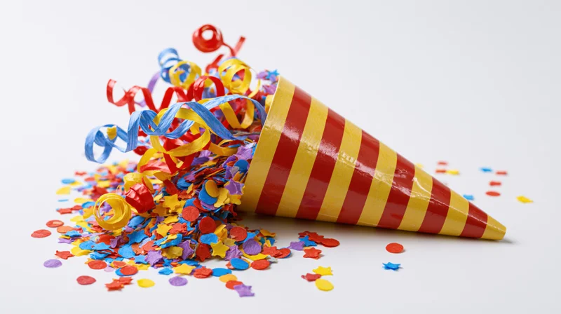 Red and yellow striped paper party popper cone lying on its side with colorful confetti and streamers spilling out onto white surface