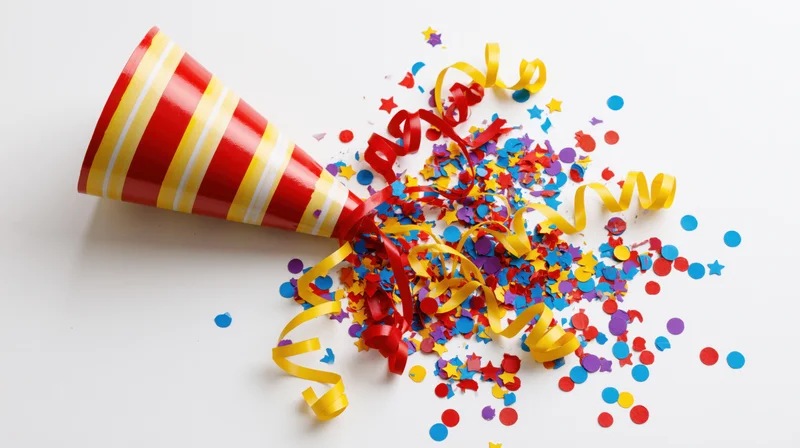 Red and yellow striped paper party popper with scattered confetti and streamers on white surface