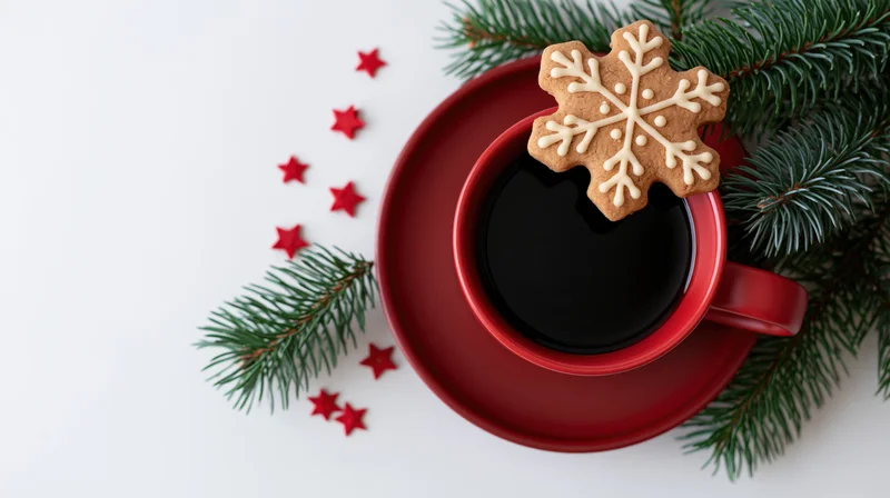 Red ceramic cup with black coffee and snowflake gingerbread cookie on saucer surrounded by pine branches and red stars on white surface