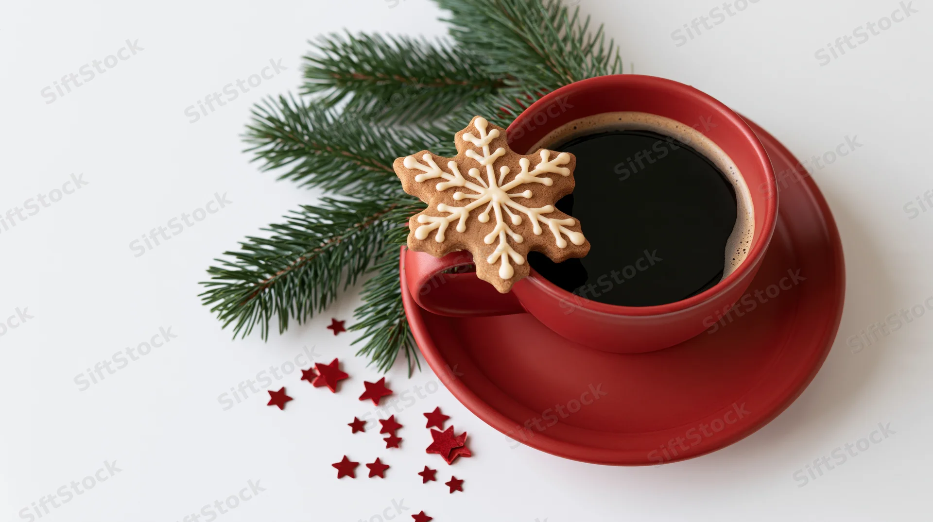 Red ceramic cup filled with black coffee and a snowflake-shaped gingerbread cookie on saucer with pine branch and red stars on white surface