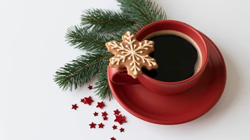 Red ceramic cup filled with black coffee and a snowflake-shaped gingerbread cookie on saucer with pine branch and red stars on white surface