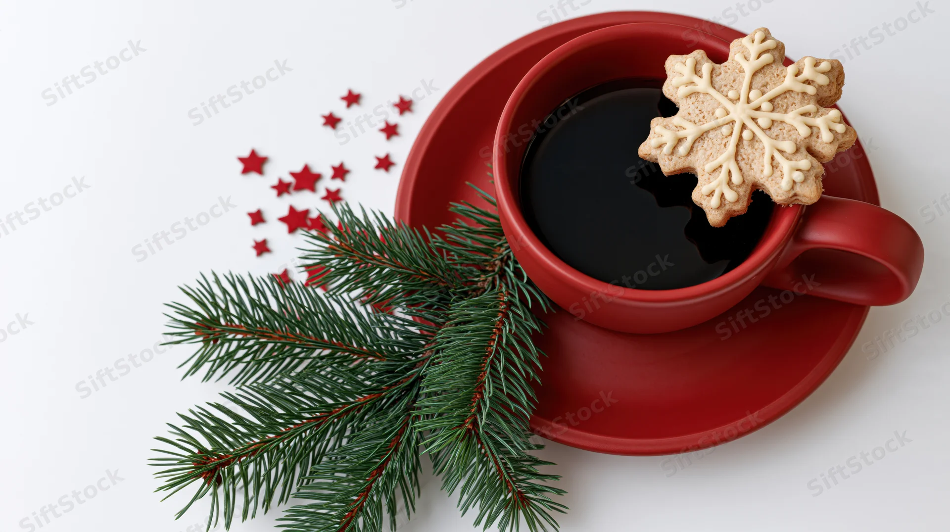 Red ceramic cup with black coffee and snowflake cookie on saucer beside pine branch and red stars on white surface