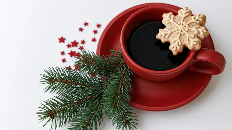Red ceramic cup with black coffee and snowflake cookie on saucer beside pine branch and red stars on white surface