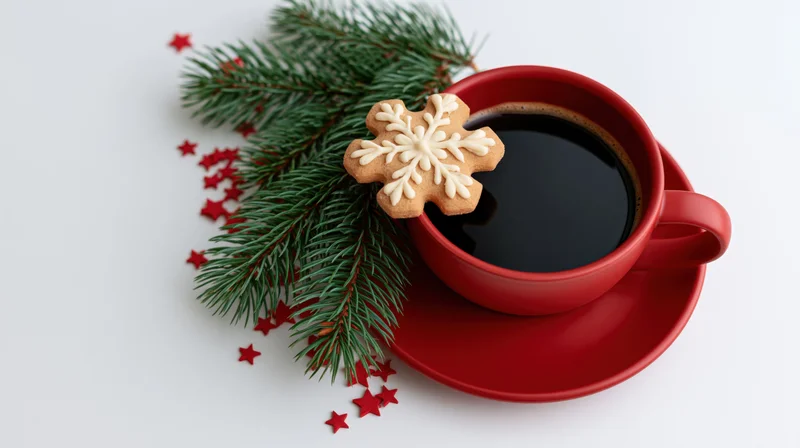 Red ceramic cup of black coffee with snowflake cookie and pine branch on white surface