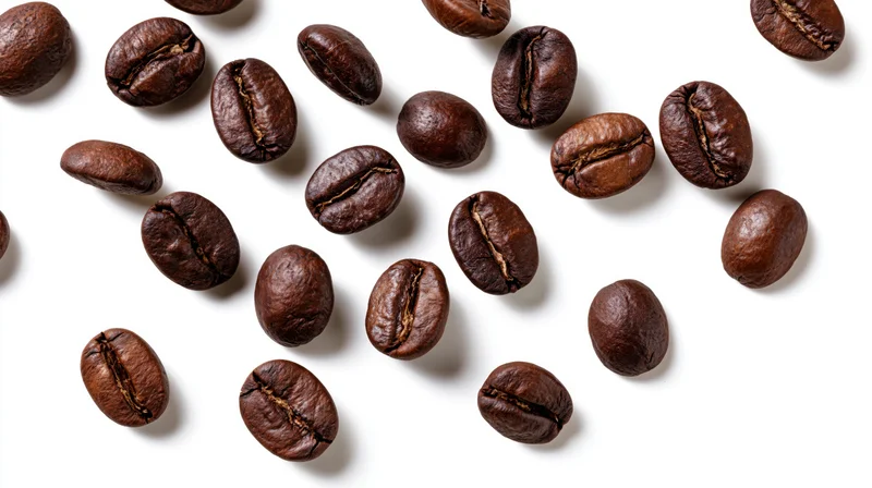 Roasted coffee beans scattered and falling midair against a white background