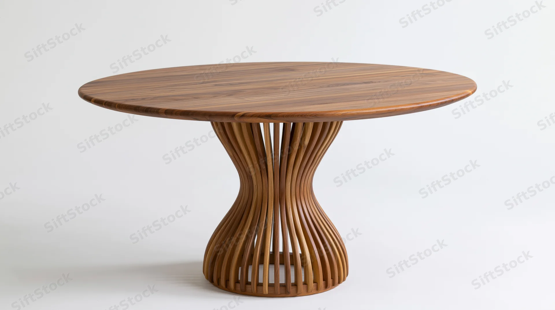 Round wooden dining table with sculptural hourglass-shaped base on white background