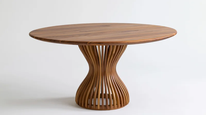 Round wooden dining table with sculptural hourglass-shaped base on white background