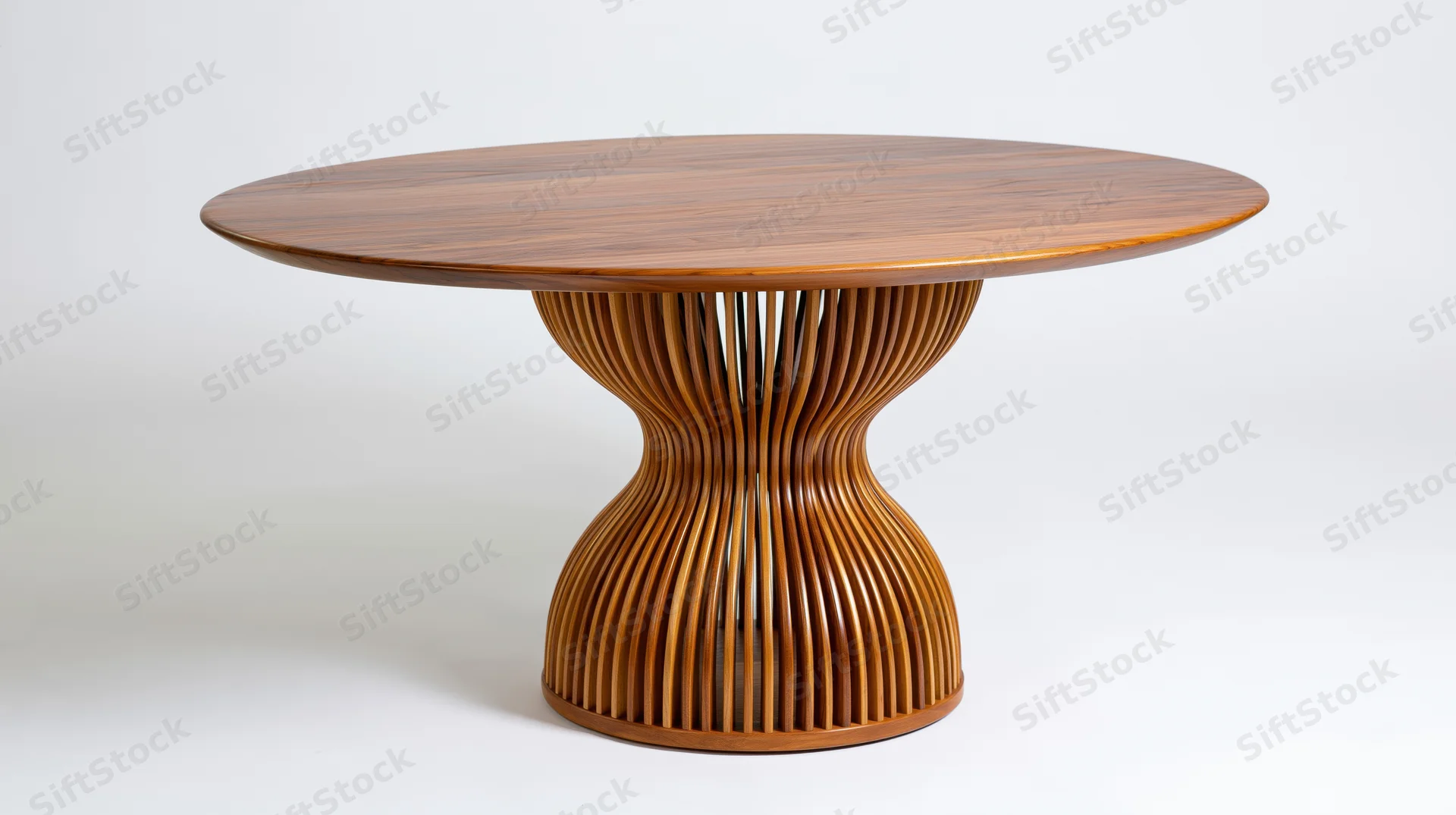 Round wooden dining table with sculptural hourglass-shaped base on white background