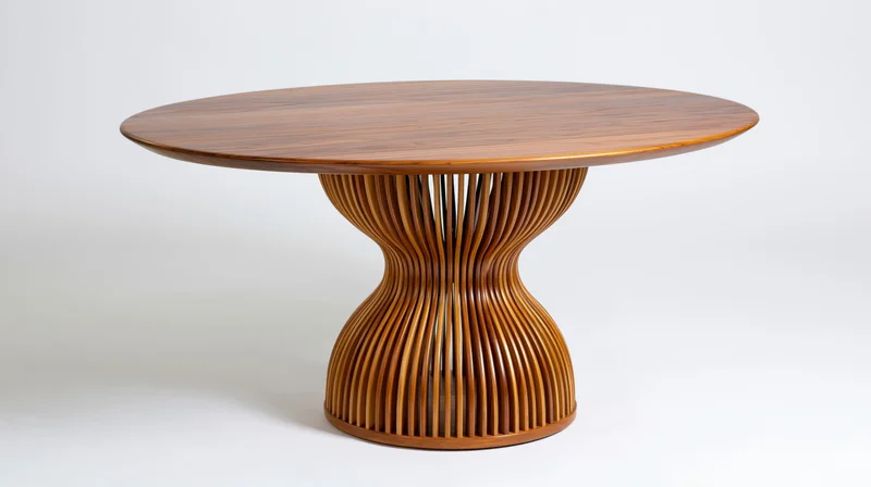 Round wooden dining table with sculptural hourglass-shaped base on white background