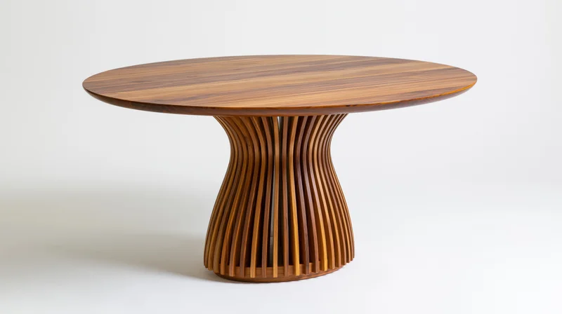 Round wooden dining table with sculptural hourglass-shaped base on white background