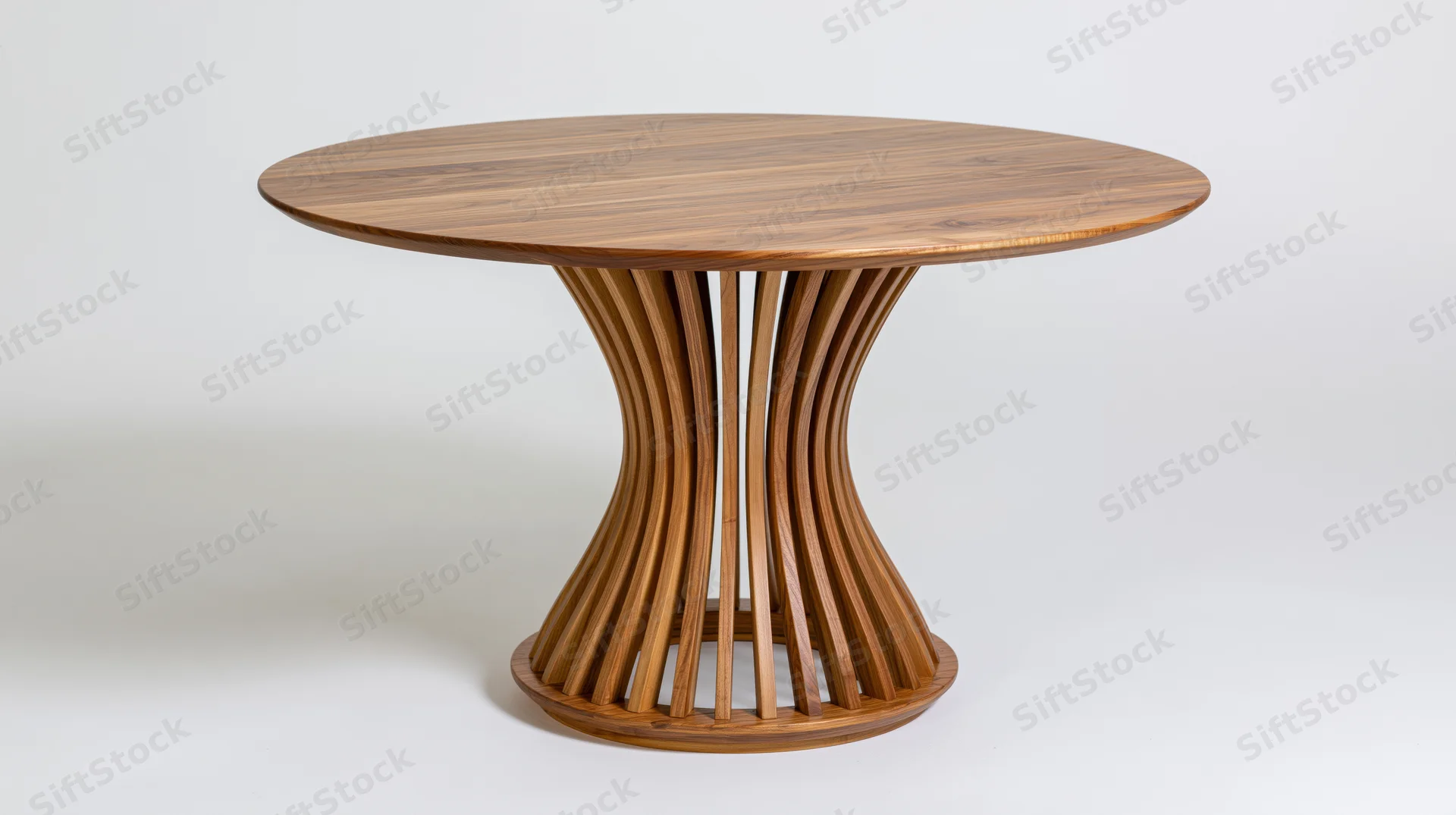 Round wooden dining table with sculptural hourglass-shaped base on white background