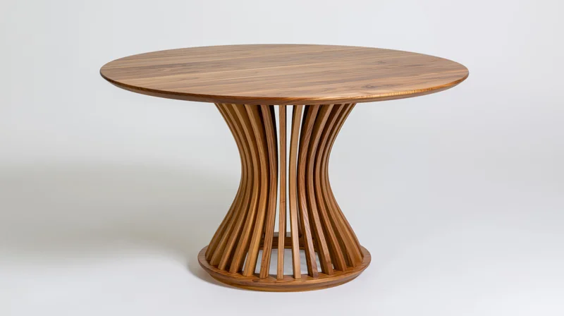 Round wooden dining table with sculptural hourglass-shaped base on white background