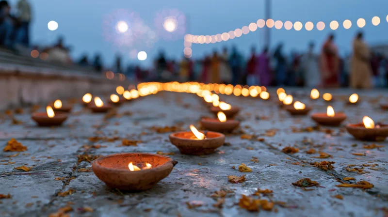 Rows of lit clay diya lamps arranged on stone floor with scattered marigold petals during diwali festival at twilight