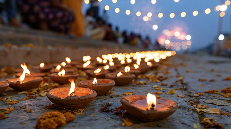 Rows of lit clay diya lamps arranged on stone ground with flower petals and string lights in background