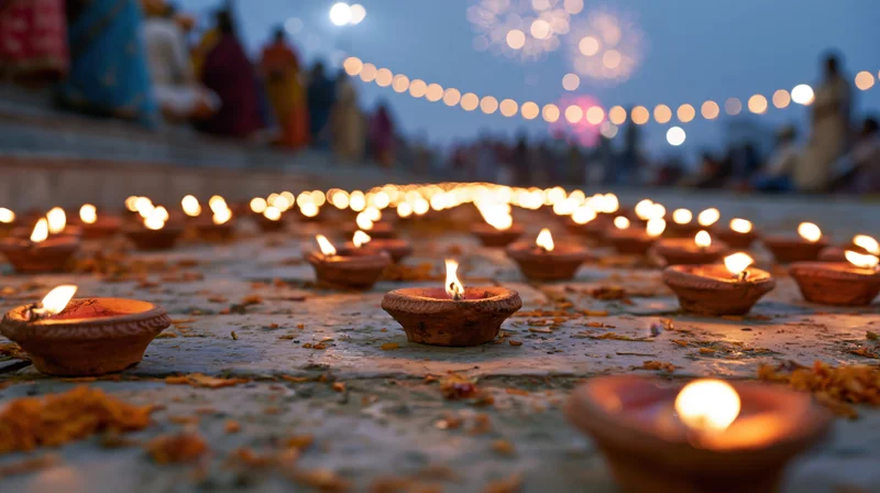 Rows of lit clay diya lamps arranged on stone steps at twilight during a festival celebration