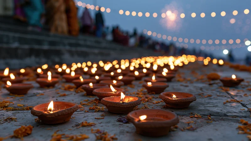 Rows of lit clay diya lamps arranged on stone steps at twilight during a festival