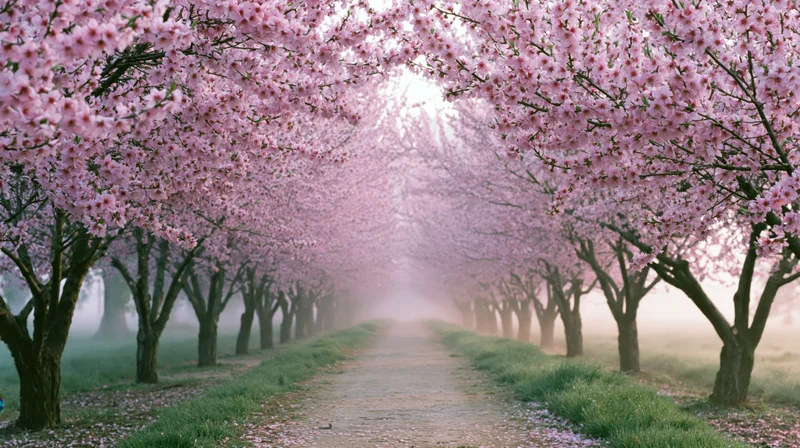 Cherry blossom trees in full bloom forming a tunnel over a pathway in a misty spring garden