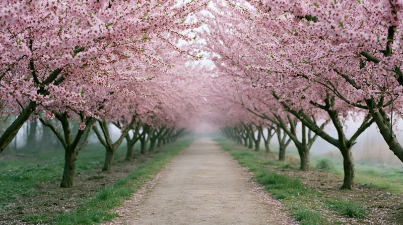 Rows of cherry trees in full pink blossom forming a tunnel over a dirt path in spring