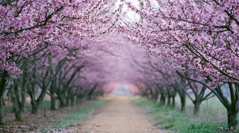 Rows of cherry trees in full pink blossom forming a tunnel over a dirt path in a spring orchard