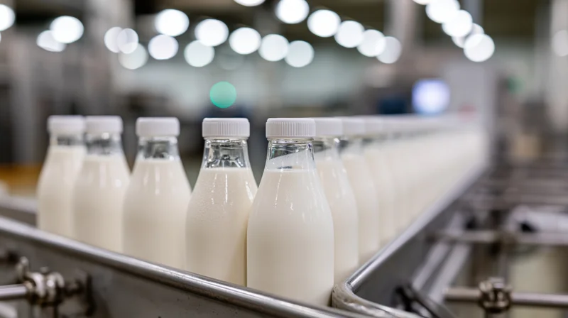 Glass milk bottles moving along a conveyor in a dairy processing factory
