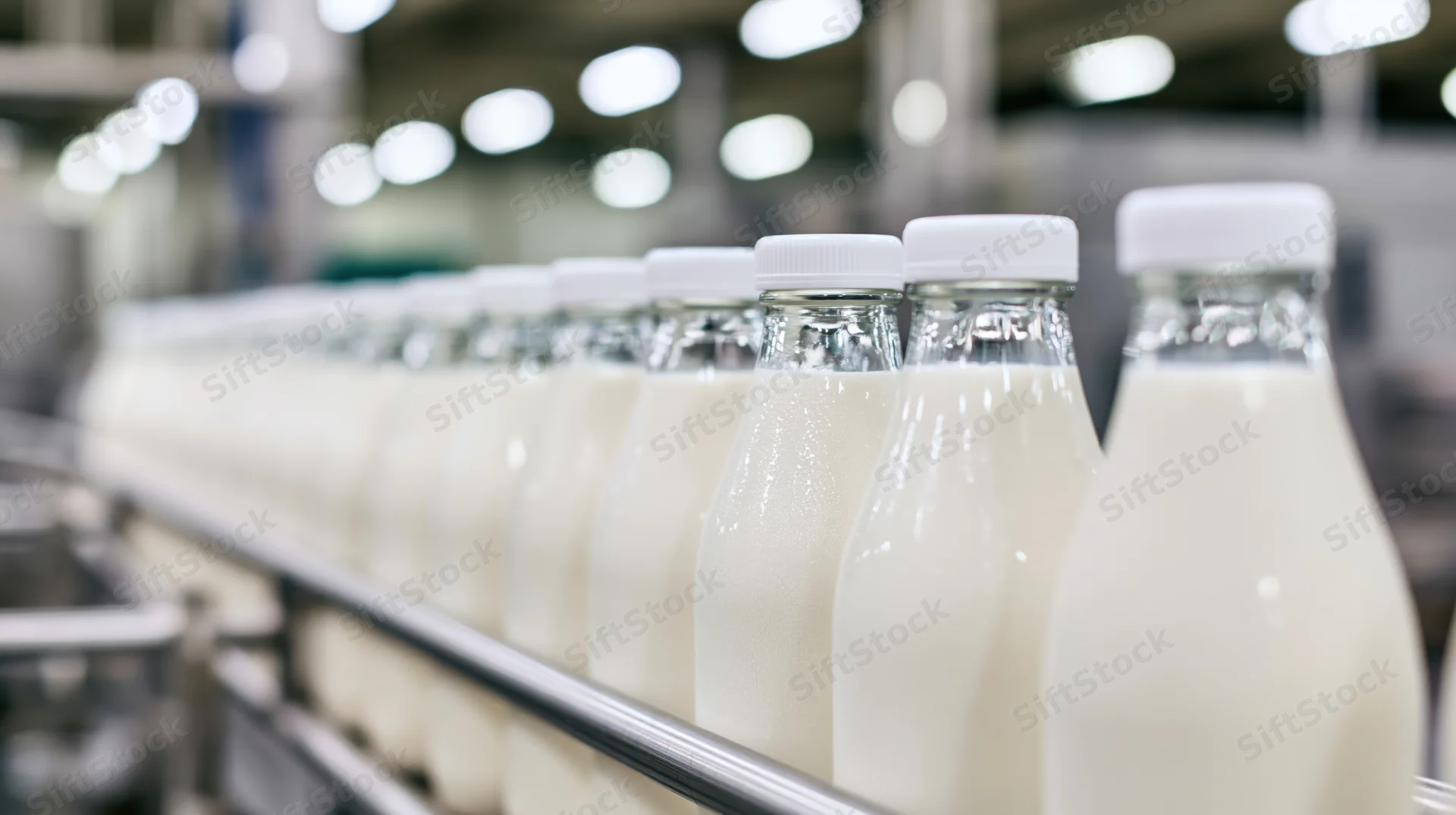 Glass milk bottles filled and sealed on a conveyor line in a dairy factory