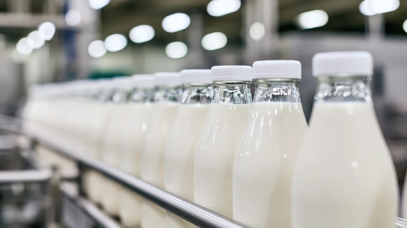 Glass milk bottles filled and sealed on a conveyor line in a dairy factory