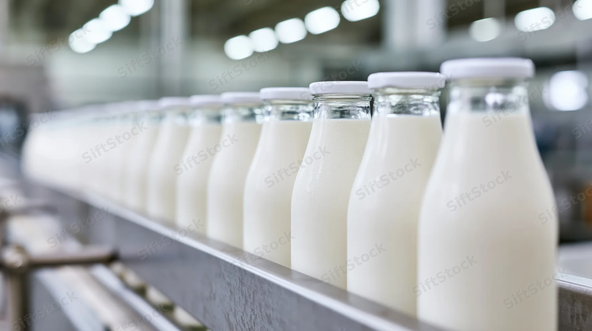 Glass milk bottles filled and sealed on a conveyor line in a dairy factory