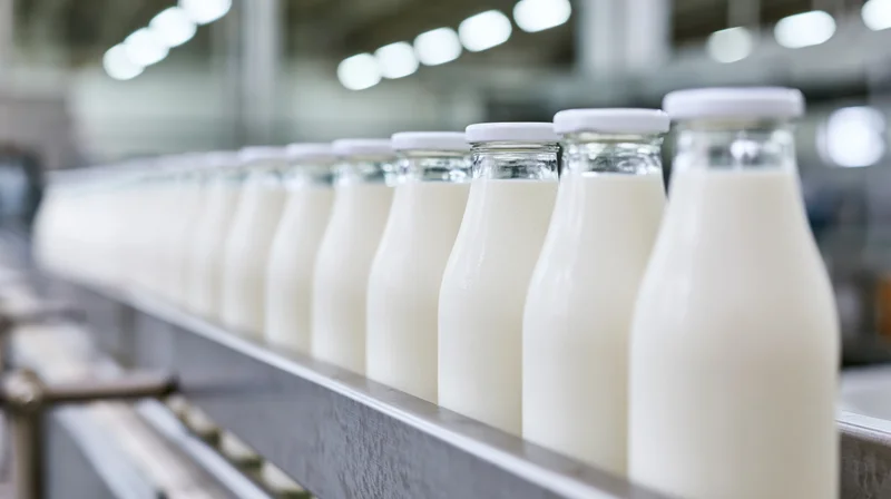Glass milk bottles filled and sealed on a conveyor line in a dairy factory