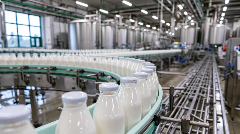 Milk bottles moving along a curved conveyor in a dairy processing plant