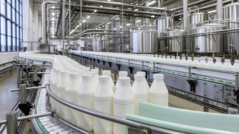 Milk bottles moving along a curved conveyor in a dairy processing plant