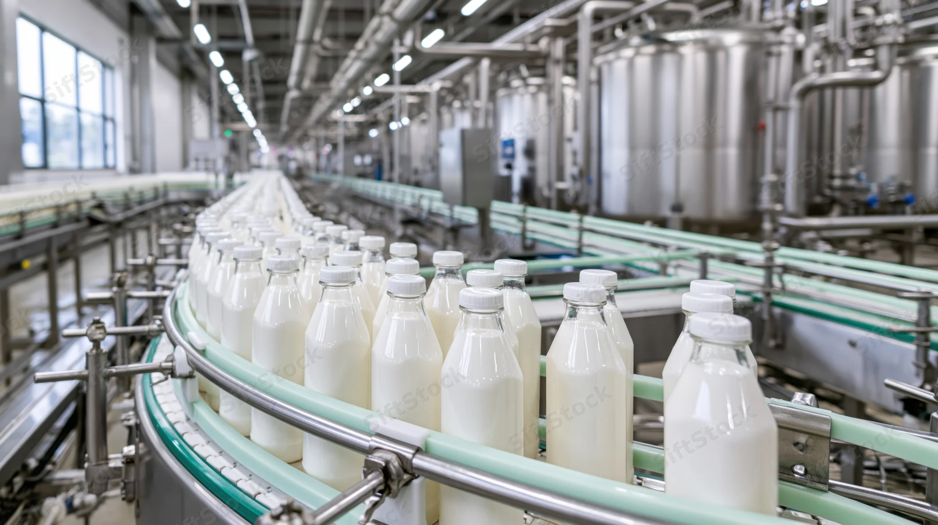 Milk bottles moving along a curved conveyor in a dairy processing plant