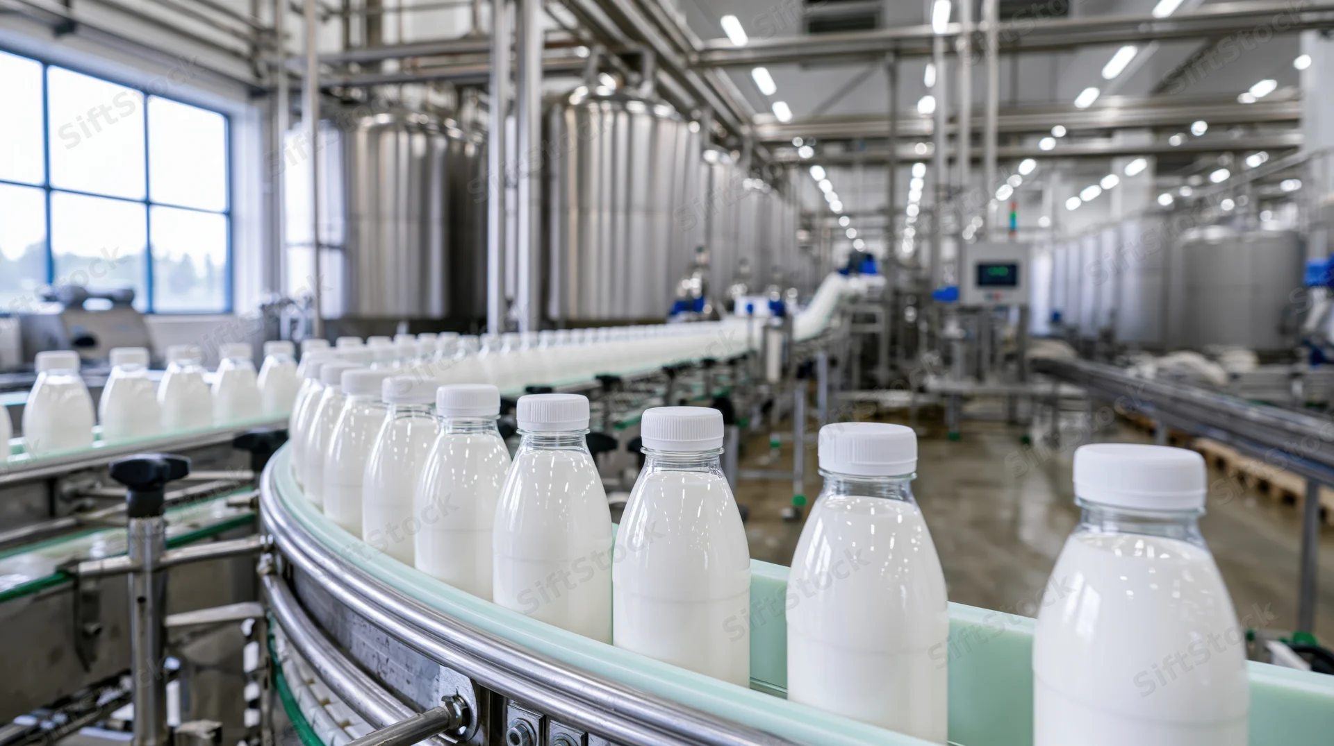 Milk bottles moving along a curved conveyor in a dairy processing factory