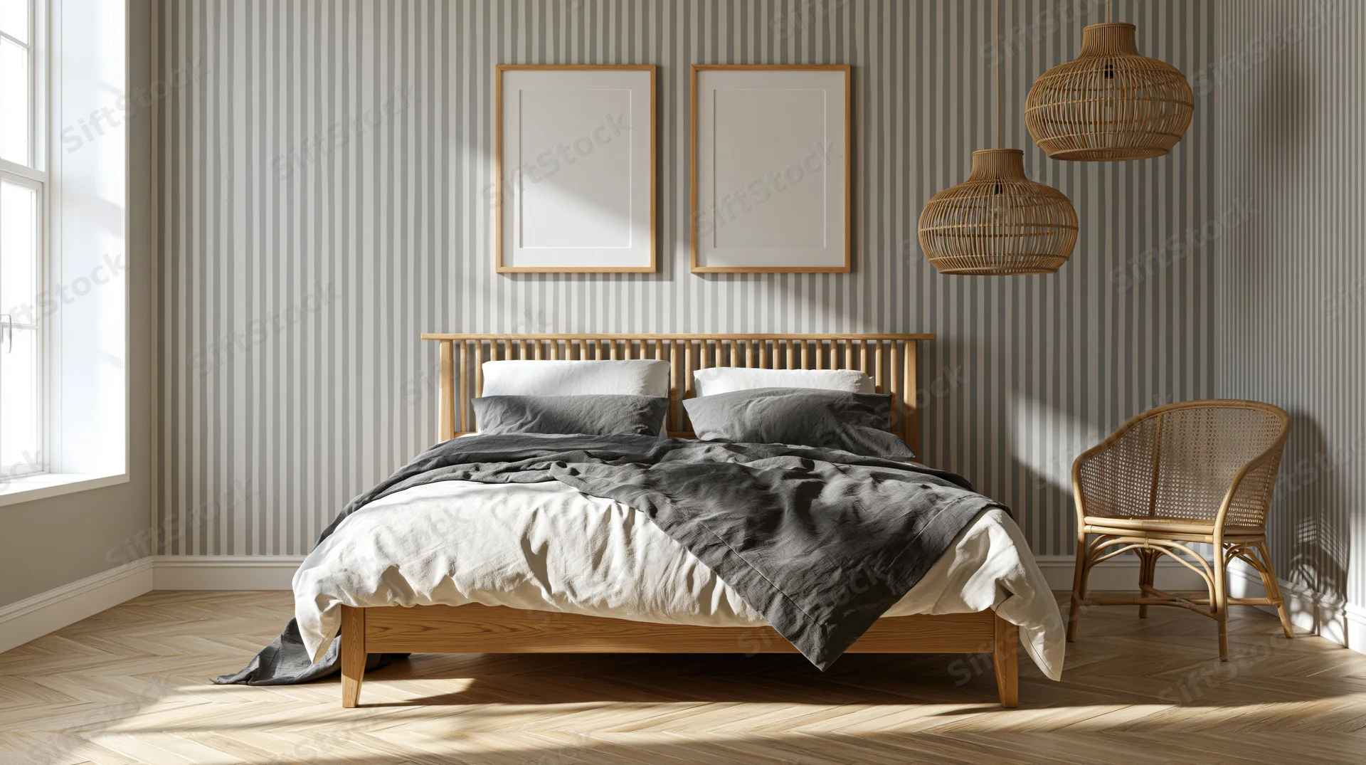 Wooden bed with gray bedding and wicker chair in a striped wallpaper bedroom with sunlight from window