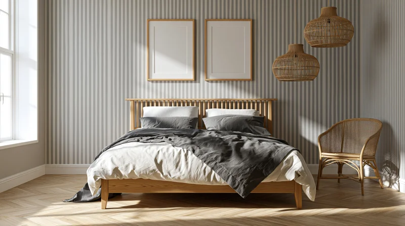 Wooden bed with gray bedding and wicker chair in a striped wallpaper bedroom with sunlight from window