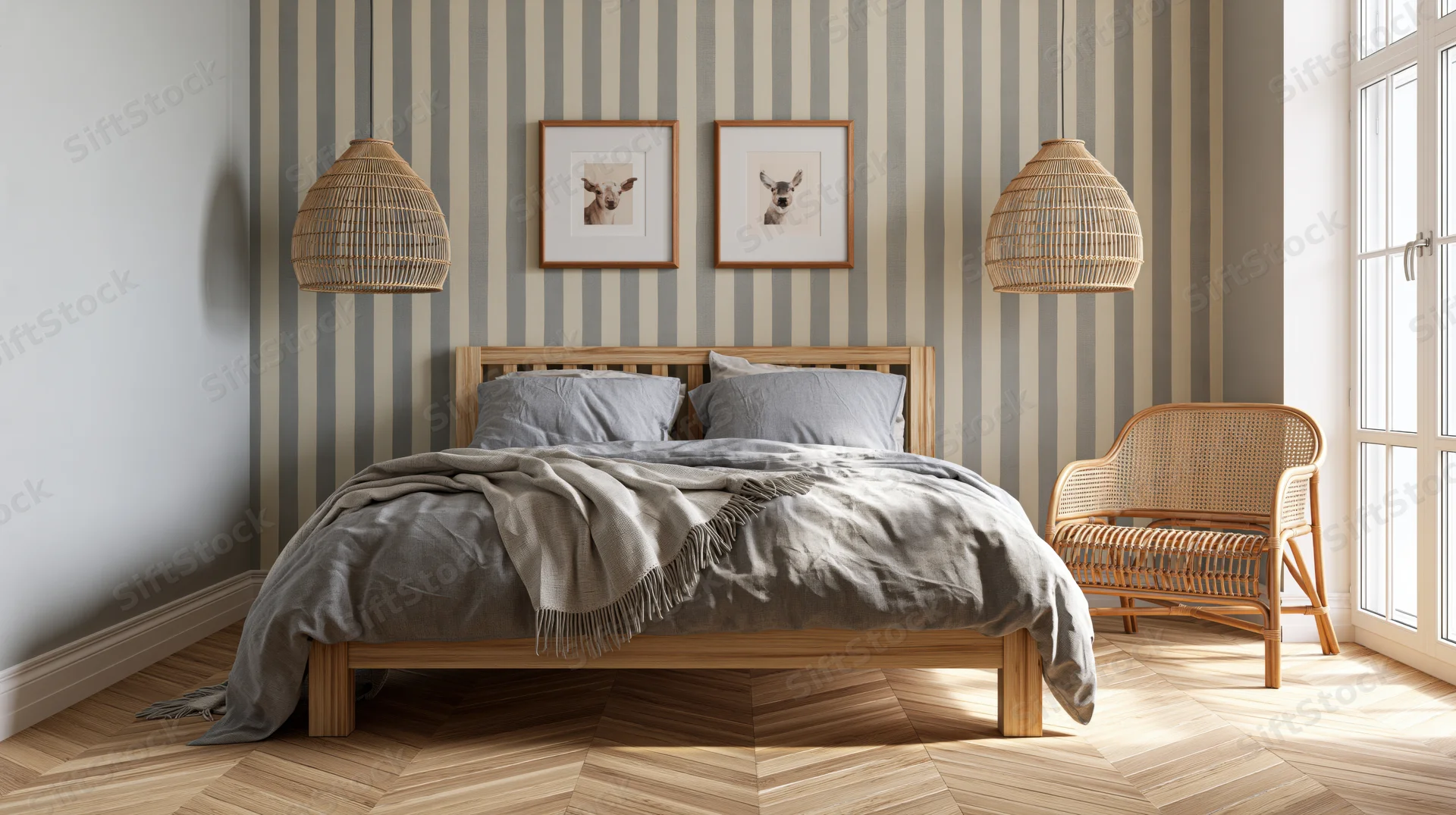 Wooden-framed double bed in a scandinavian bedroom with striped wallpaper and wicker pendant lamps