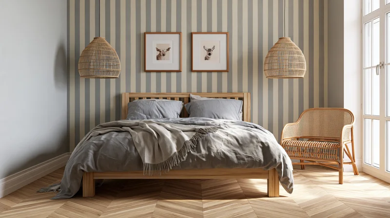 Wooden-framed double bed in a scandinavian bedroom with striped wallpaper and wicker pendant lamps