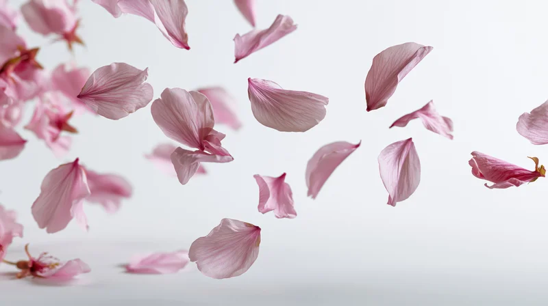 Cherry blossom petals floating mid-air against a white background