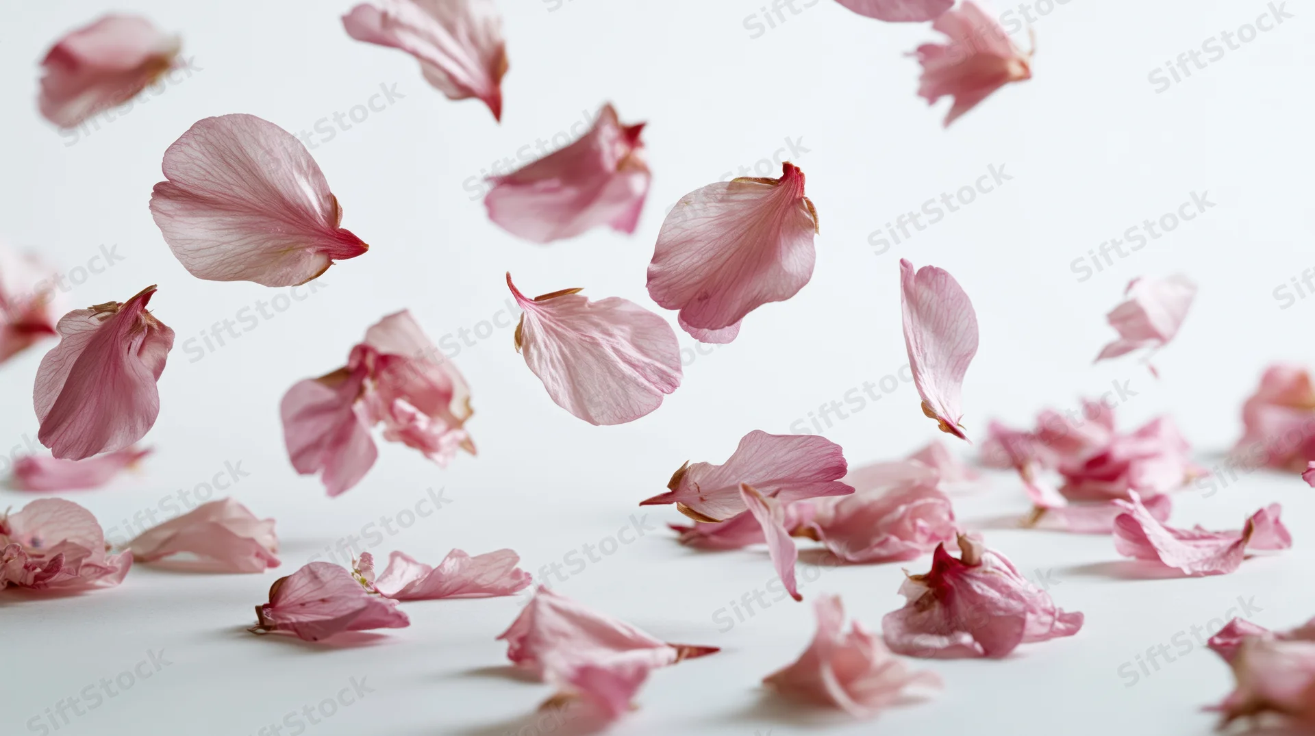 Cherry blossom petals floating mid-air and scattered on white surface