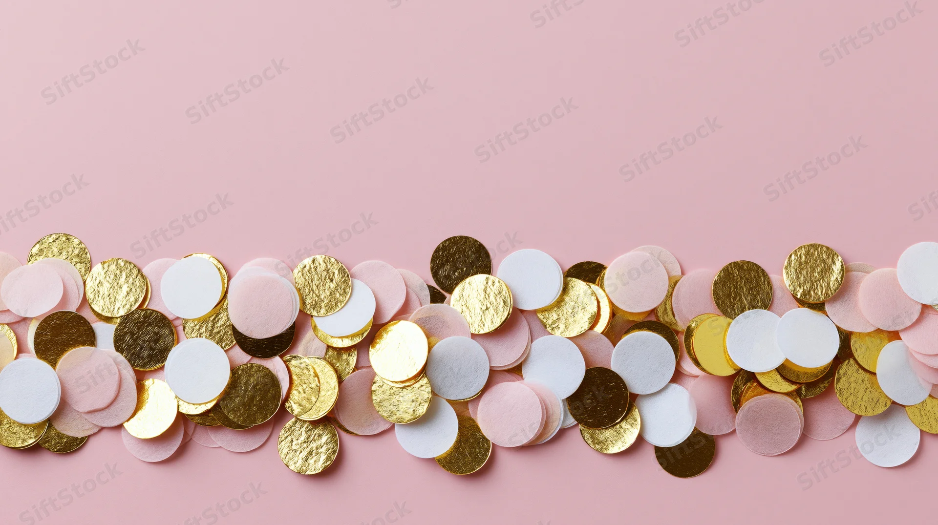 Scattered round confetti in gold, white and pale pink on a pink background