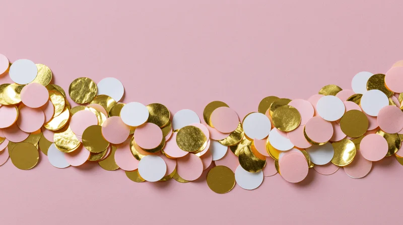 Scattered round confetti in gold, white and pale pink arranged in a border on a pink background