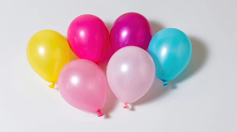 Seven inflated latex balloons clustered together on a white surface