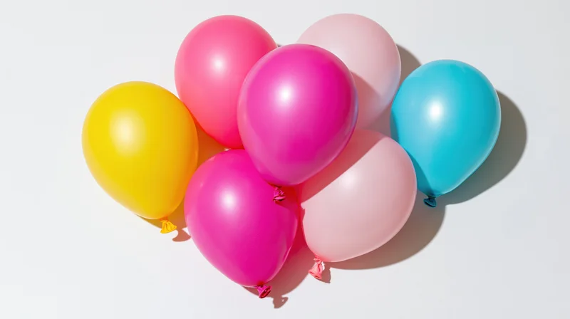 Cluster of colorful latex balloons arranged on white surface with copyspace