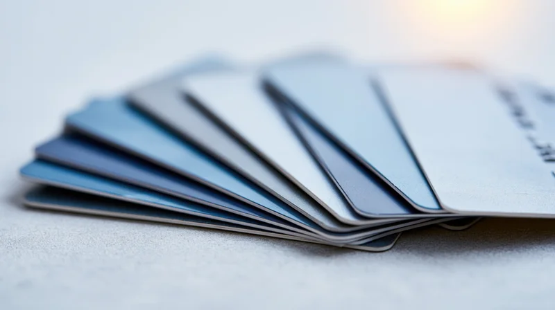 Fanned credit and debit cards stacked loosely on a light surface