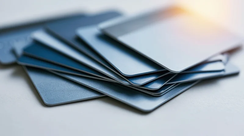Fanned stack of blue credit and debit cards on white surface