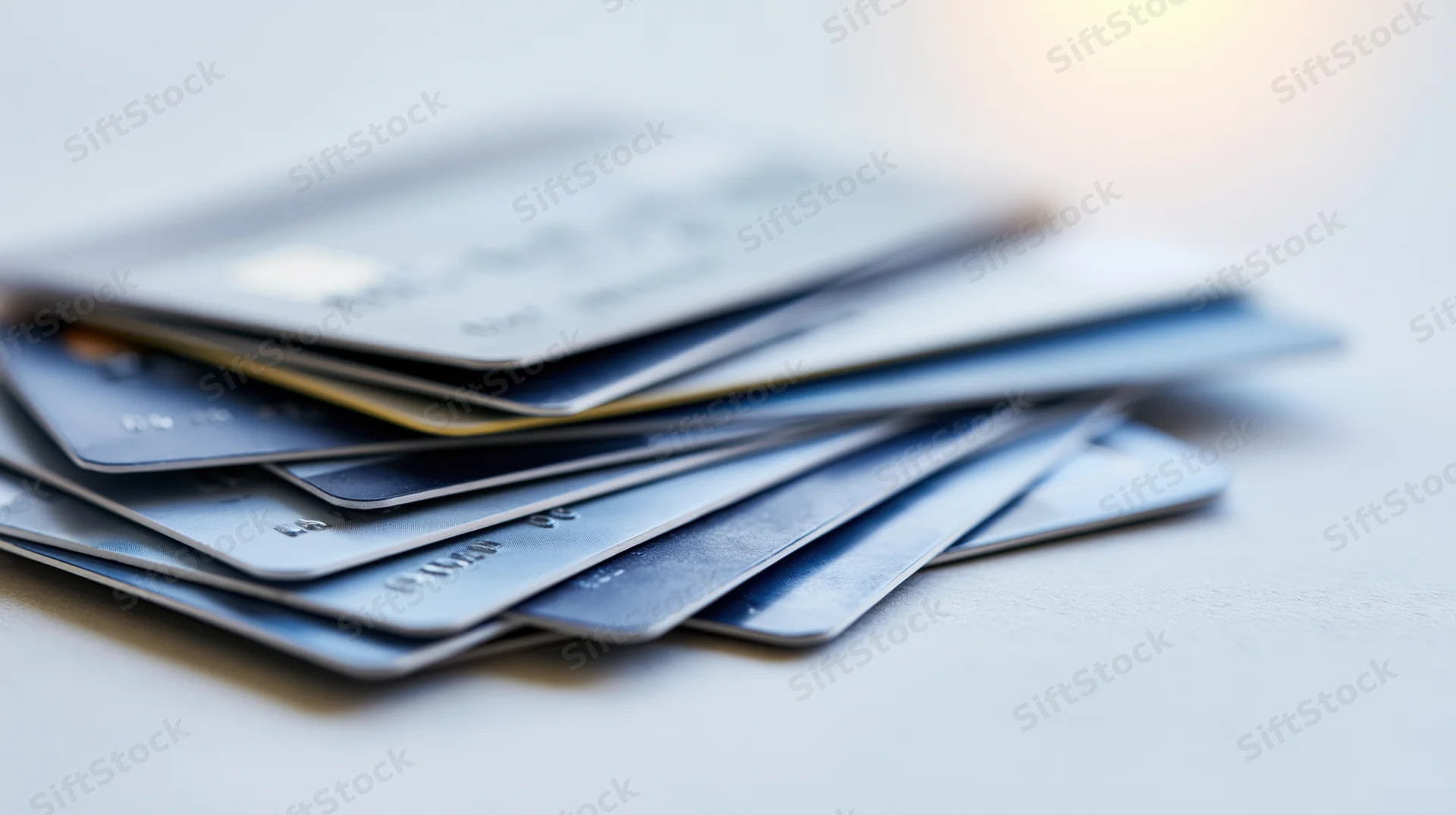 Stack of credit and debit cards fanned out on a white surface