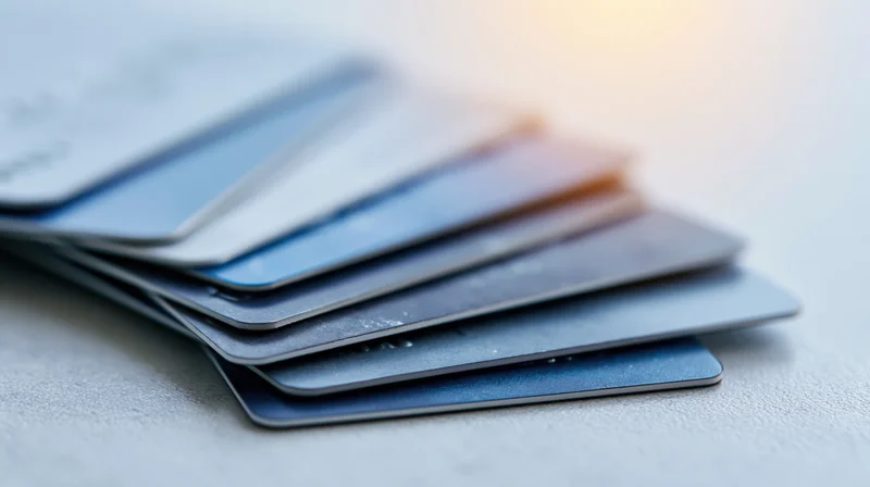 Stack of credit and debit cards fanned out on a light surface