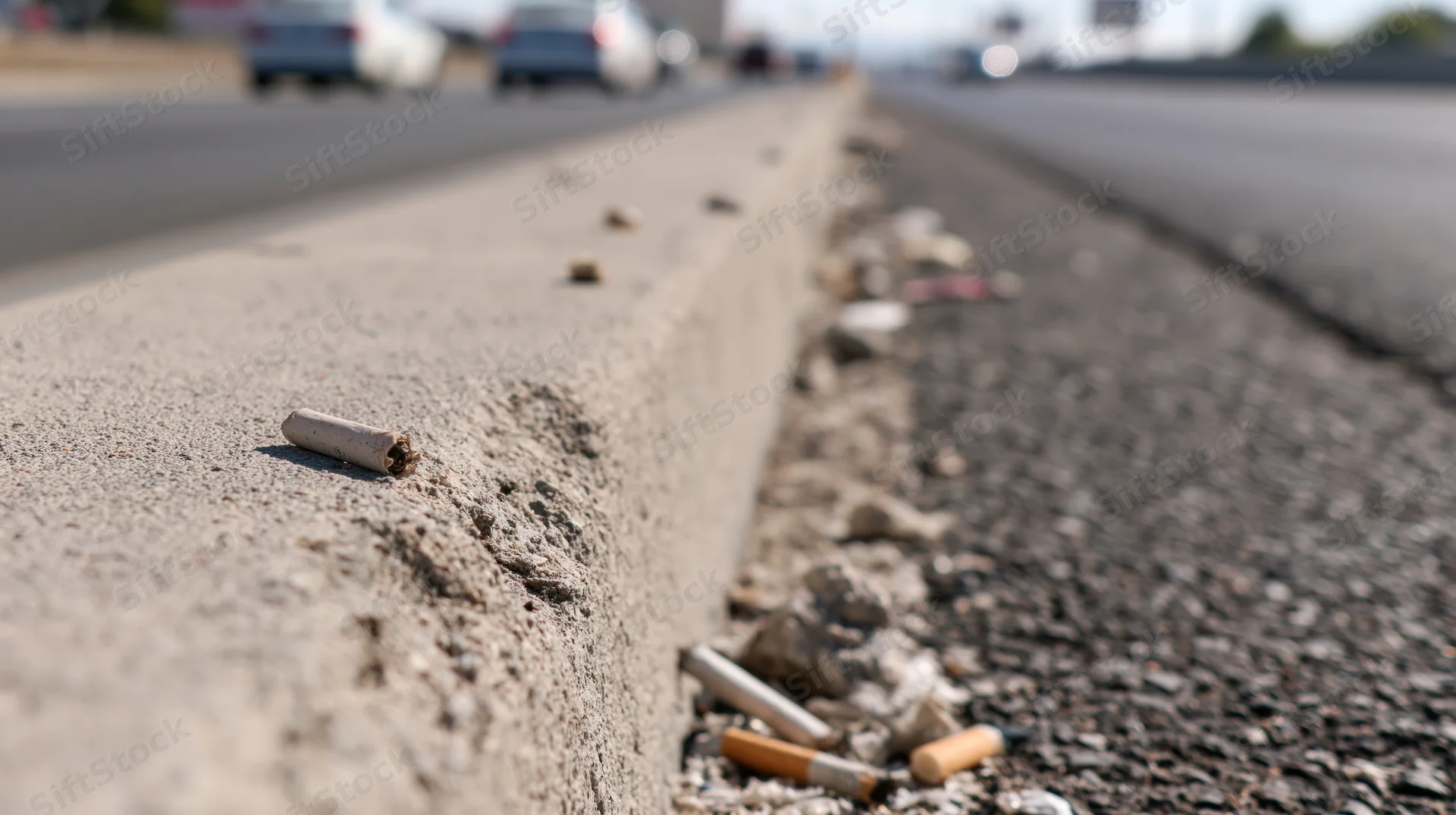 Cigarette butts and litter scattered along a highway curb beside the road