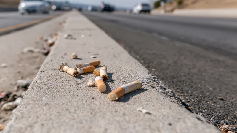 Cigarette butts and litter scattered along a roadside curb beside a highway