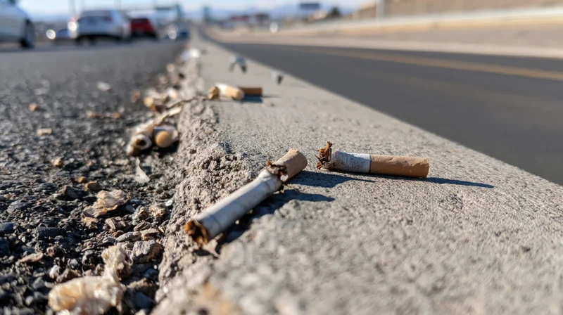 Cigarette butts and litter scattered along a roadside curb on a paved road with vehicles in the background