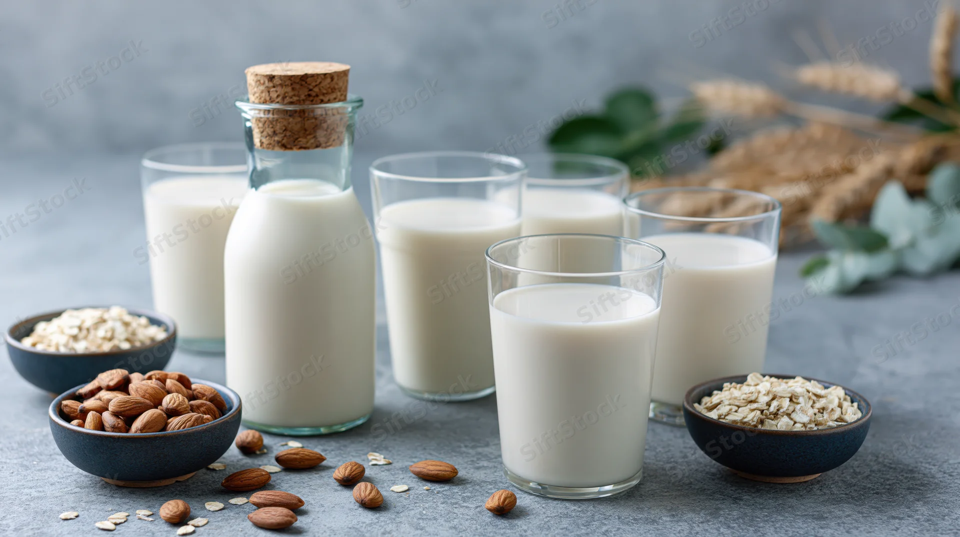 Several glasses and a corked bottle filled with white milk arranged on a gray stone surface with bowls of almonds and oats nearby